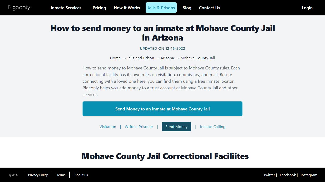 Send Money to Inmate Mohave County Jail, Arizona | Pigeonly